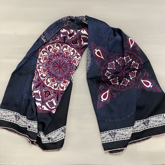 EMILYA Silk Scarf Geometric Floral Rolled Hem Navy Blue Purple NWT 40x41” - Picture 2 of 13